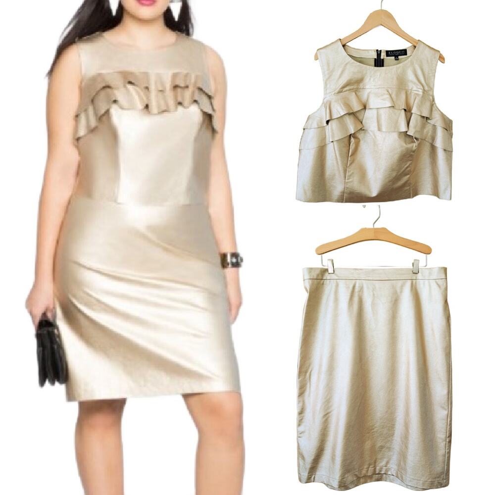 Eloquii Studio Gold Metallic Ruffle Faux Leather Top + Skirt Sz 14 2-Piece Dress